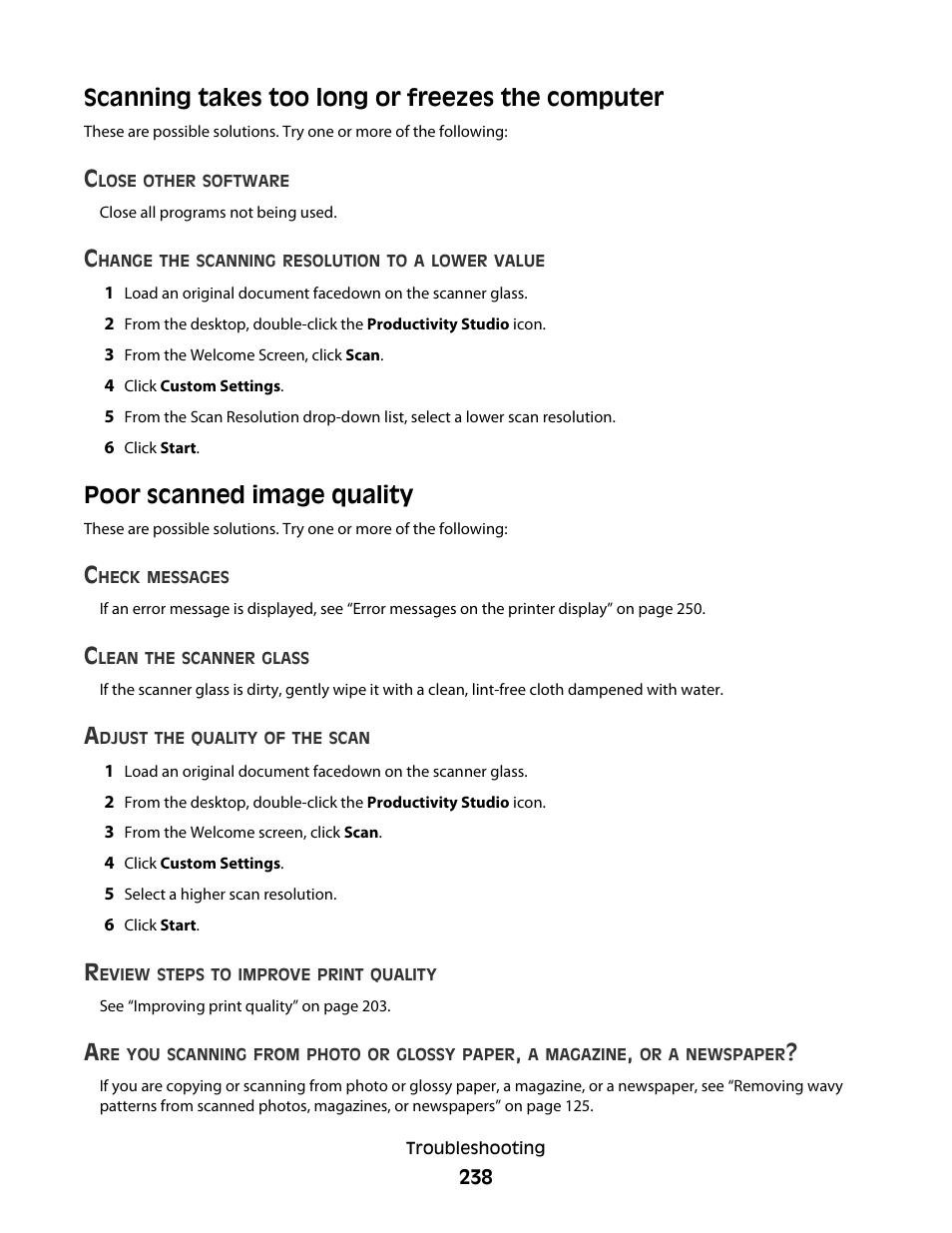 Scanning takes too long or freezes the computer, Poor scanned image quality | Lexmark 9500 Series User Manual | Page 238 / 290