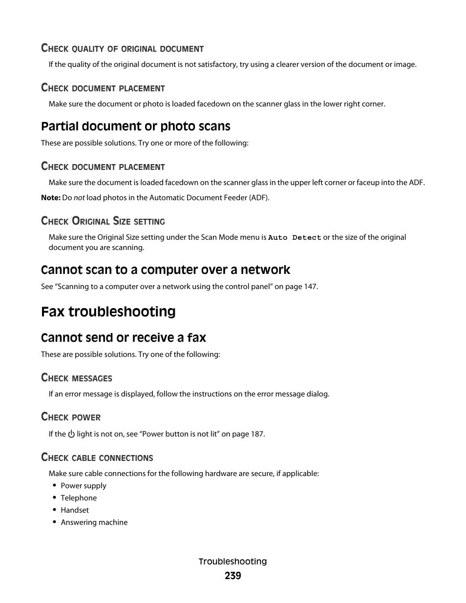 Partial document or photo scans, Cannot scan to a computer over a network, Fax troubleshooting | Cannot send or receive a fax | Lexmark 9500 Series User Manual | Page 239 / 290