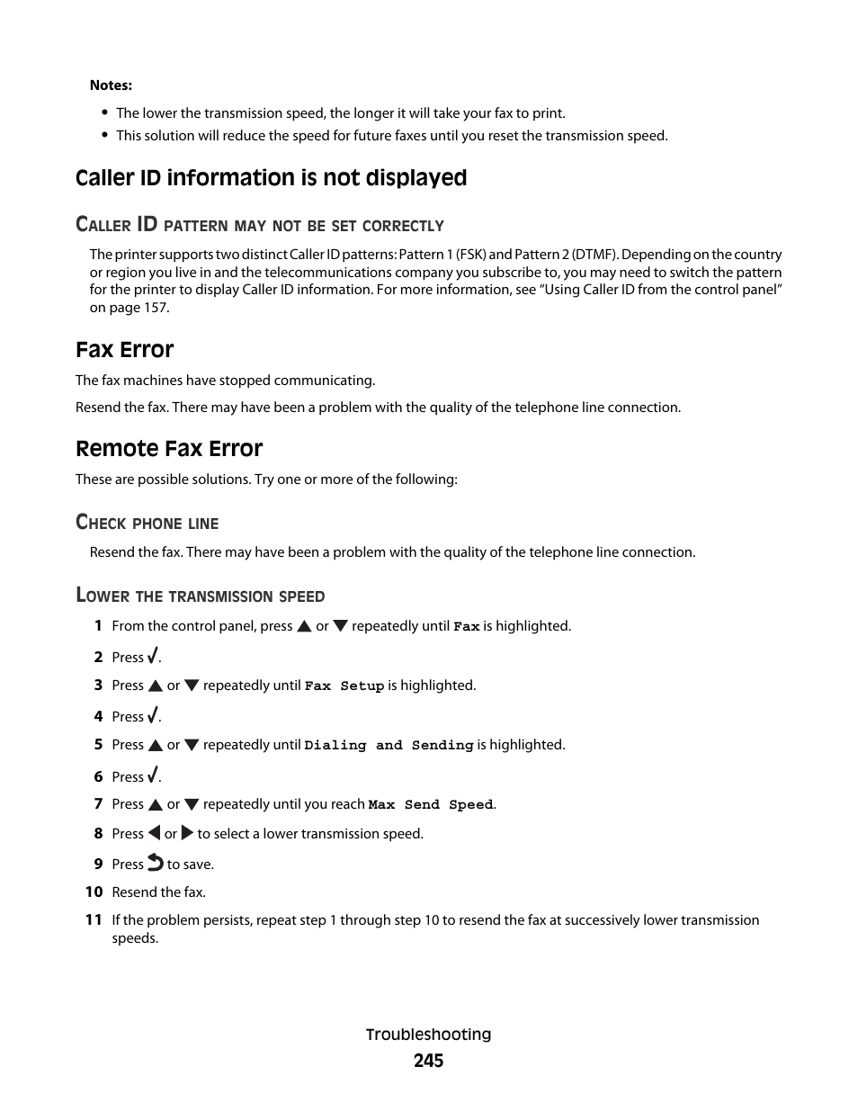 Caller id information is not displayed, Fax error, Remote fax error | Caller id information is not displayed fax error, Caller id information is not displayed c | Lexmark 9500 Series User Manual | Page 245 / 290