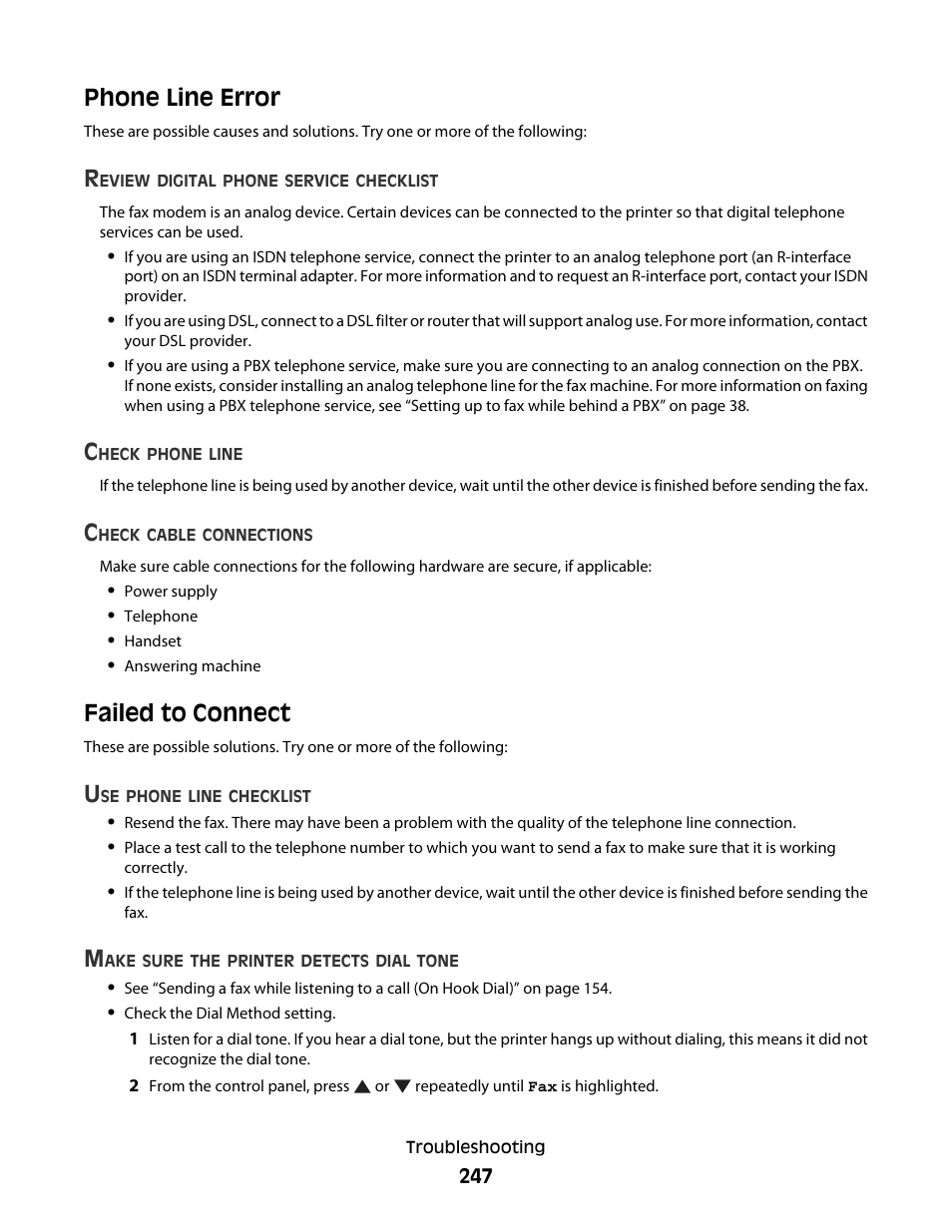Phone line error, Failed to connect | Lexmark 9500 Series User Manual | Page 247 / 290