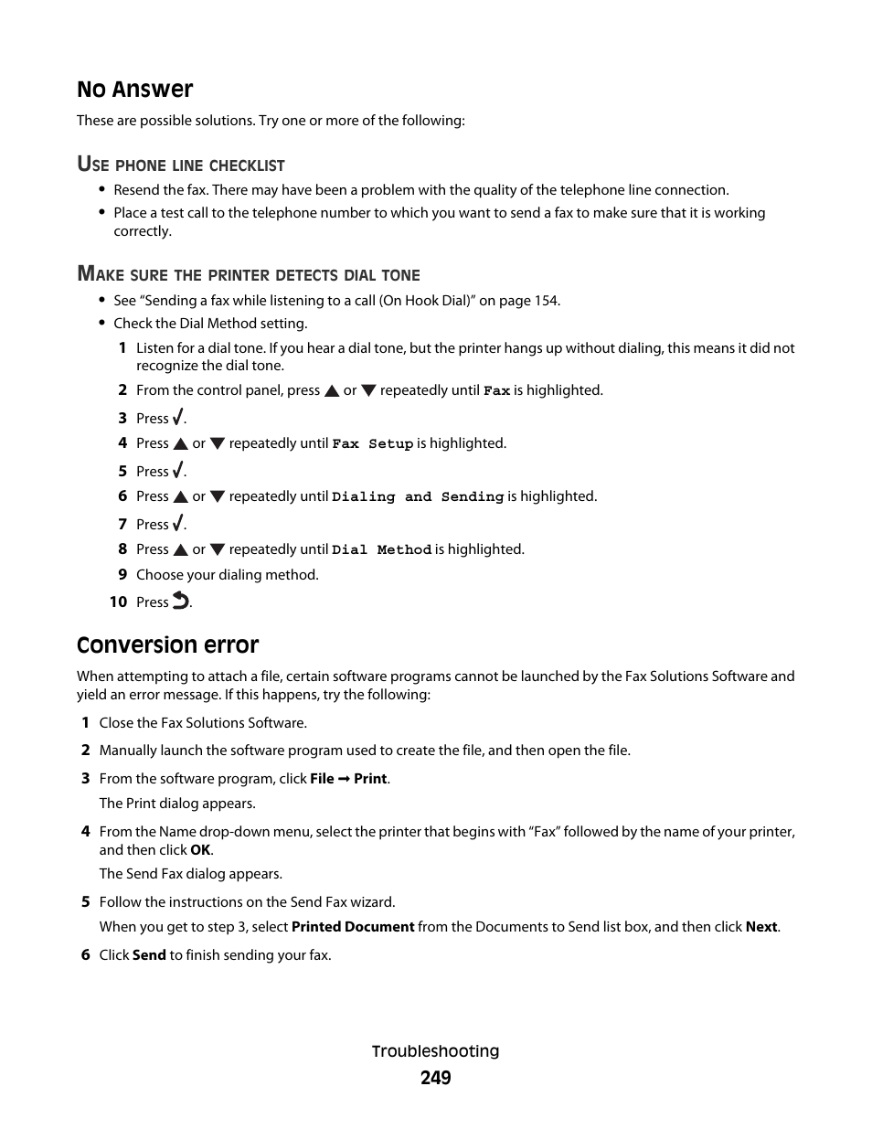 No answer, Conversion error, No answer conversion error | Lexmark 9500 Series User Manual | Page 249 / 290