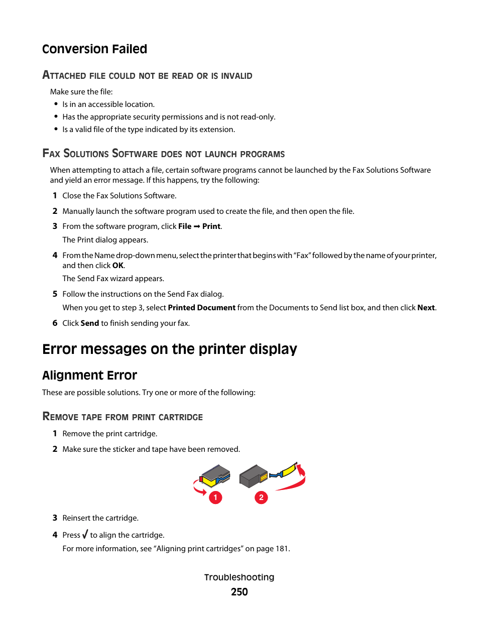 Conversion failed, Error messages on the printer display, Alignment error | Conversion failed a | Lexmark 9500 Series User Manual | Page 250 / 290