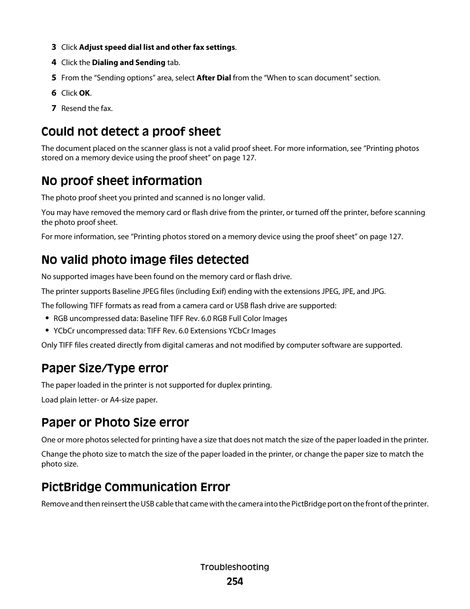 Could not detect a proof sheet, No proof sheet information, No valid photo image files detected | Paper size/type error, Paper or photo size error, Pictbridge communication error, Paper size/type error paper or photo size error | Lexmark 9500 Series User Manual | Page 254 / 290