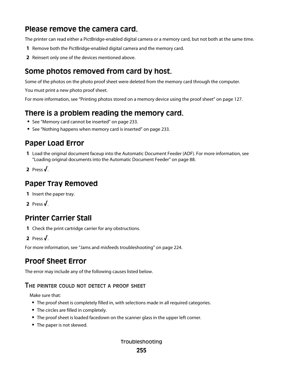 Please remove the camera card, Some photos removed from card by host, There is a problem reading the memory card | Paper load error, Paper tray removed, Printer carrier stall, Proof sheet error, Printer carrier stall proof sheet error | Lexmark 9500 Series User Manual | Page 255 / 290