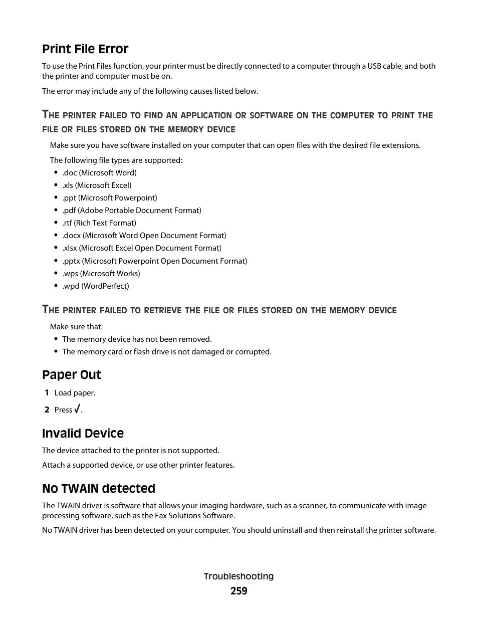 Print file error, Paper out, Invalid device | No twain detected, Print file error paper out, Invalid device no twain detected | Lexmark 9500 Series User Manual | Page 259 / 290