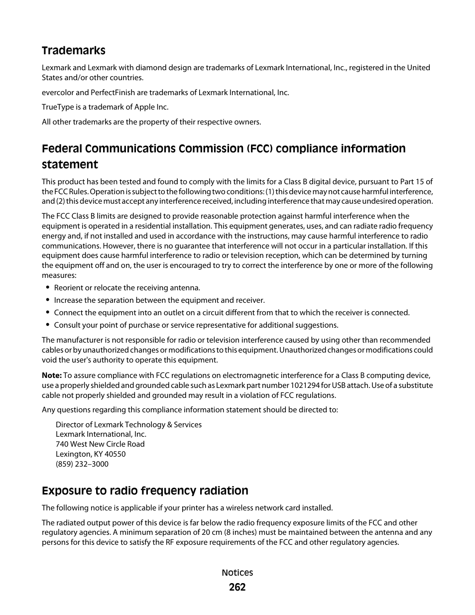 Trademarks, Exposure to radio frequency radiation | Lexmark 9500 Series User Manual | Page 262 / 290