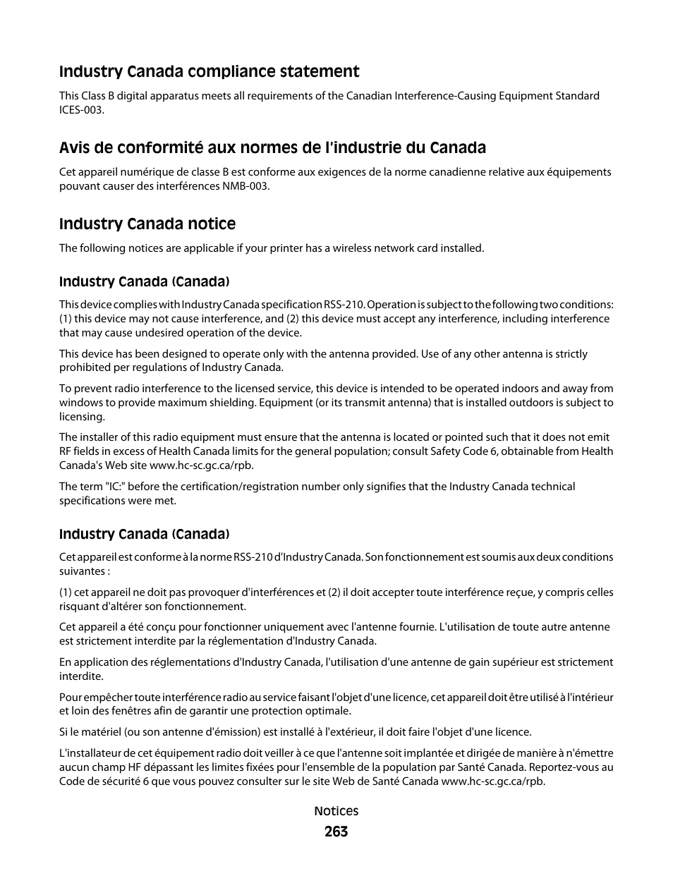 Industry canada notice, Industry canada compliance statement | Lexmark 9500 Series User Manual | Page 263 / 290