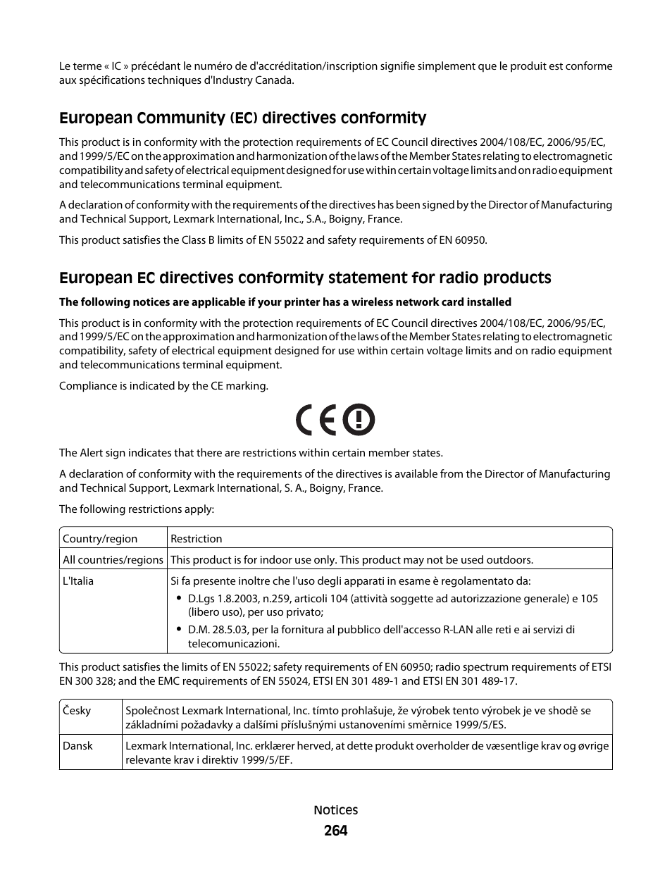 European community (ec) directives conformity | Lexmark 9500 Series User Manual | Page 264 / 290