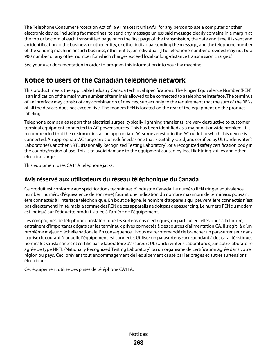 Notice to users of the canadian telephone network | Lexmark 9500 Series User Manual | Page 268 / 290