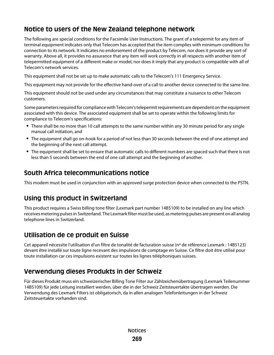 South africa telecommunications notice, Using this product in switzerland, Utilisation de ce produit en suisse | Verwendung dieses produkts in der schweiz | Lexmark 9500 Series User Manual | Page 269 / 290
