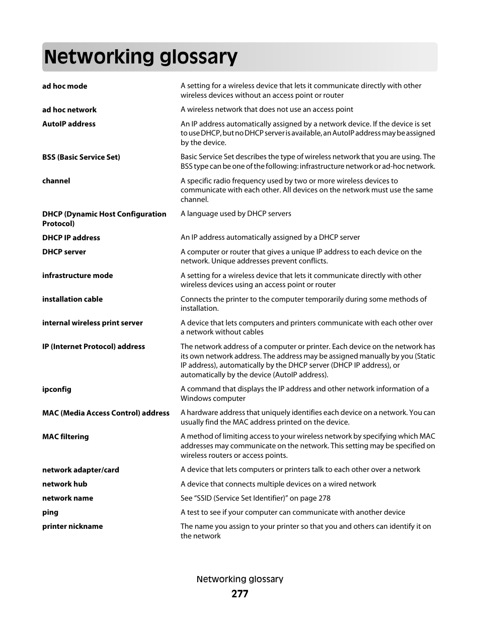 Networking glossary | Lexmark 9500 Series User Manual | Page 277 / 290