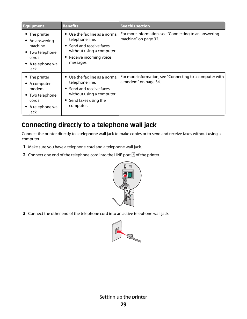 Connecting directly to a telephone wall jack | Lexmark 9500 Series User Manual | Page 29 / 290