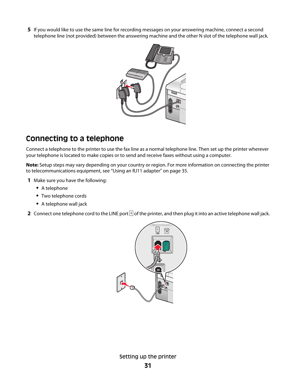 Connecting to a telephone | Lexmark 9500 Series User Manual | Page 31 / 290