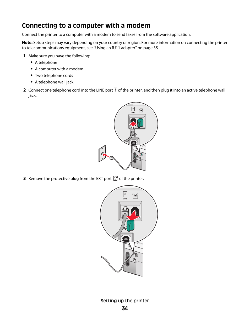 Connecting to a computer with a modem | Lexmark 9500 Series User Manual | Page 34 / 290
