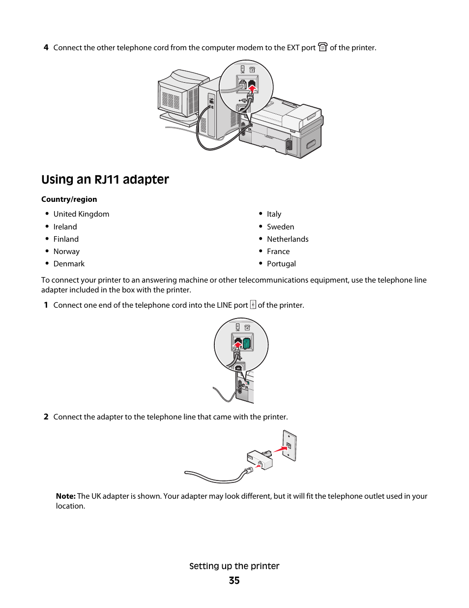 Using an rj11 adapter | Lexmark 9500 Series User Manual | Page 35 / 290