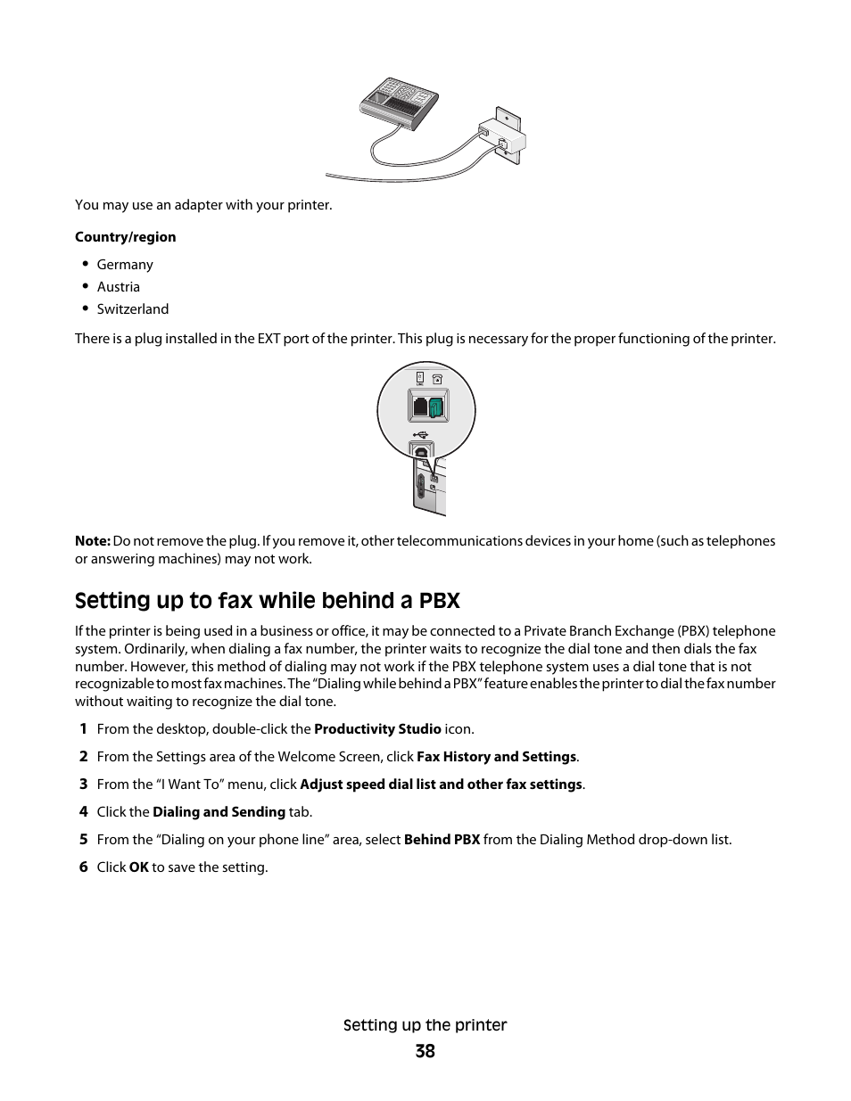 Setting up to fax while behind a pbx | Lexmark 9500 Series User Manual | Page 38 / 290