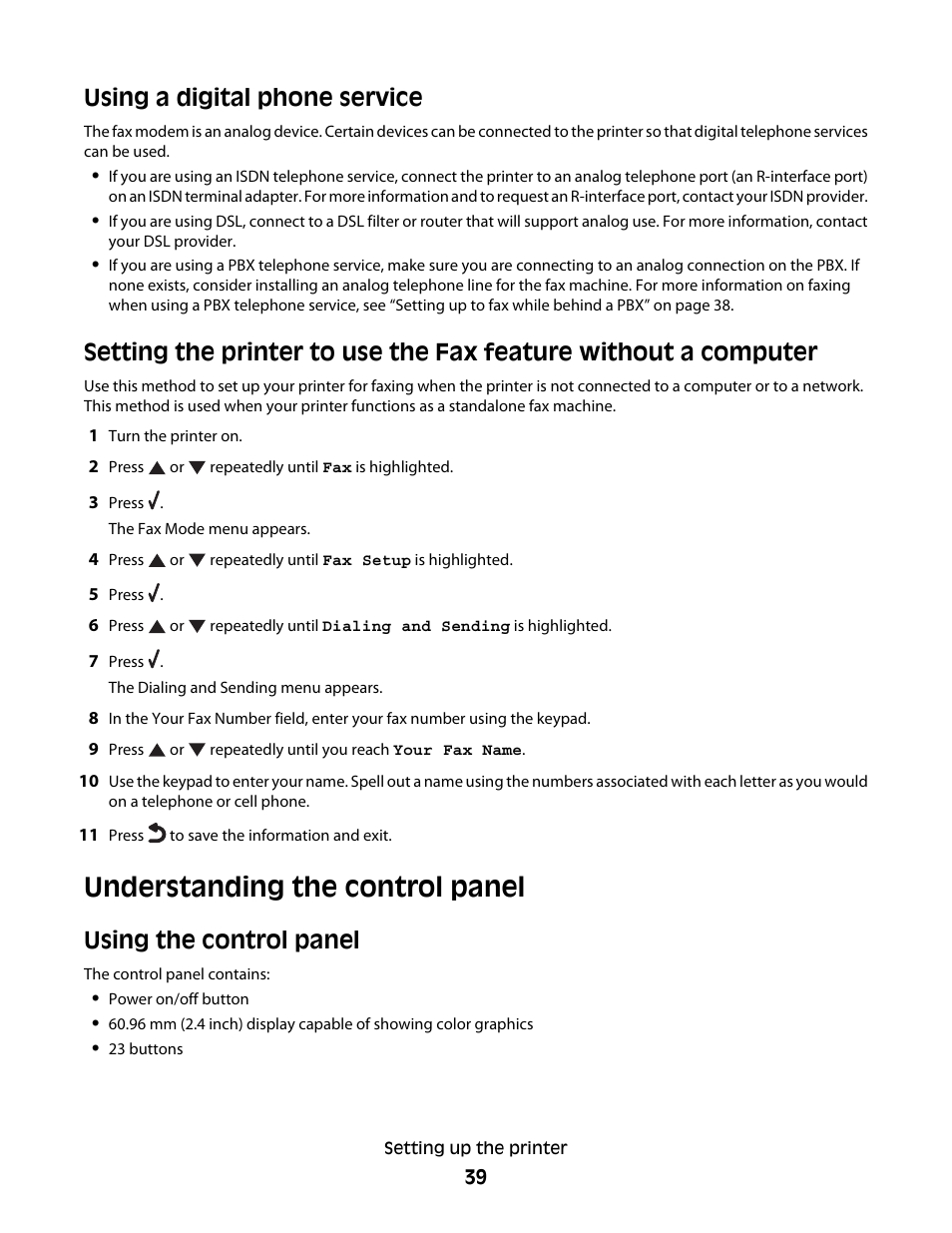 Using a digital phone service, Understanding the control panel, Using the control panel | Lexmark 9500 Series User Manual | Page 39 / 290