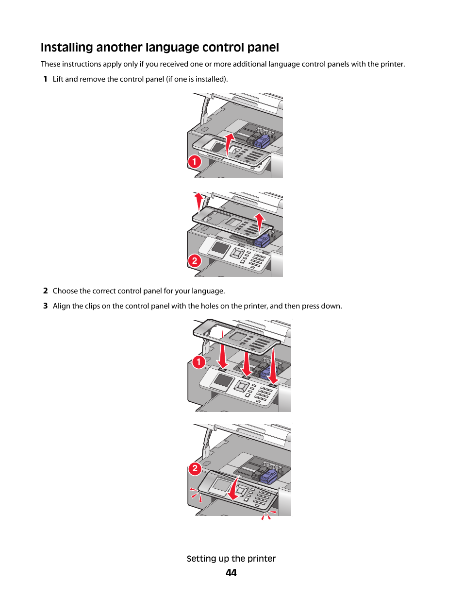 Installing another language control panel | Lexmark 9500 Series User Manual | Page 44 / 290