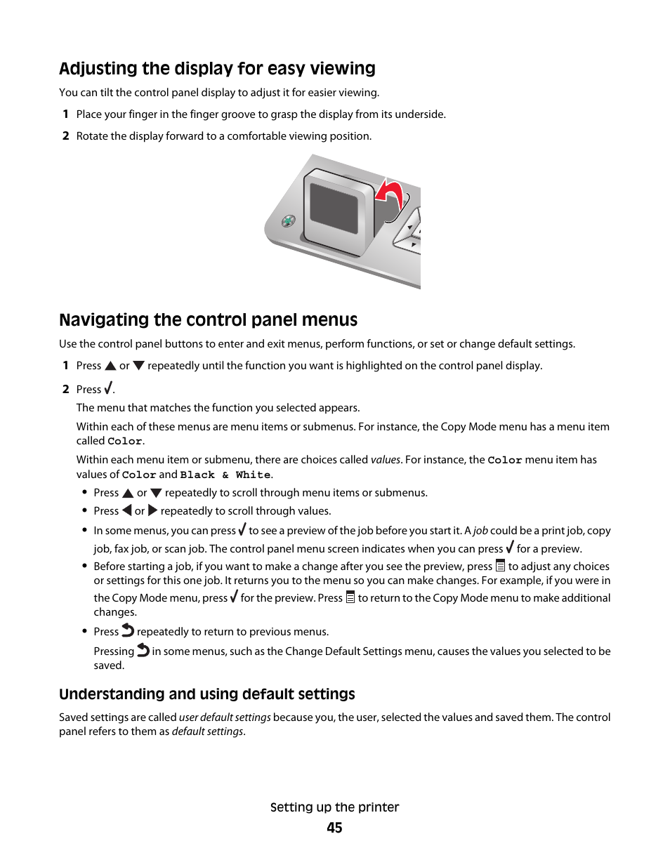 Adjusting the display for easy viewing, Navigating the control panel menus | Lexmark 9500 Series User Manual | Page 45 / 290