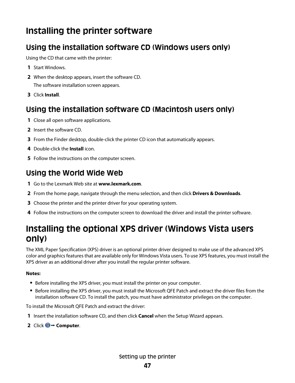 Installing the printer software, Using the world wide web | Lexmark 9500 Series User Manual | Page 47 / 290