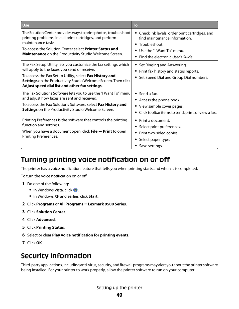 Turning printing voice notification on or off, Security information | Lexmark 9500 Series User Manual | Page 49 / 290