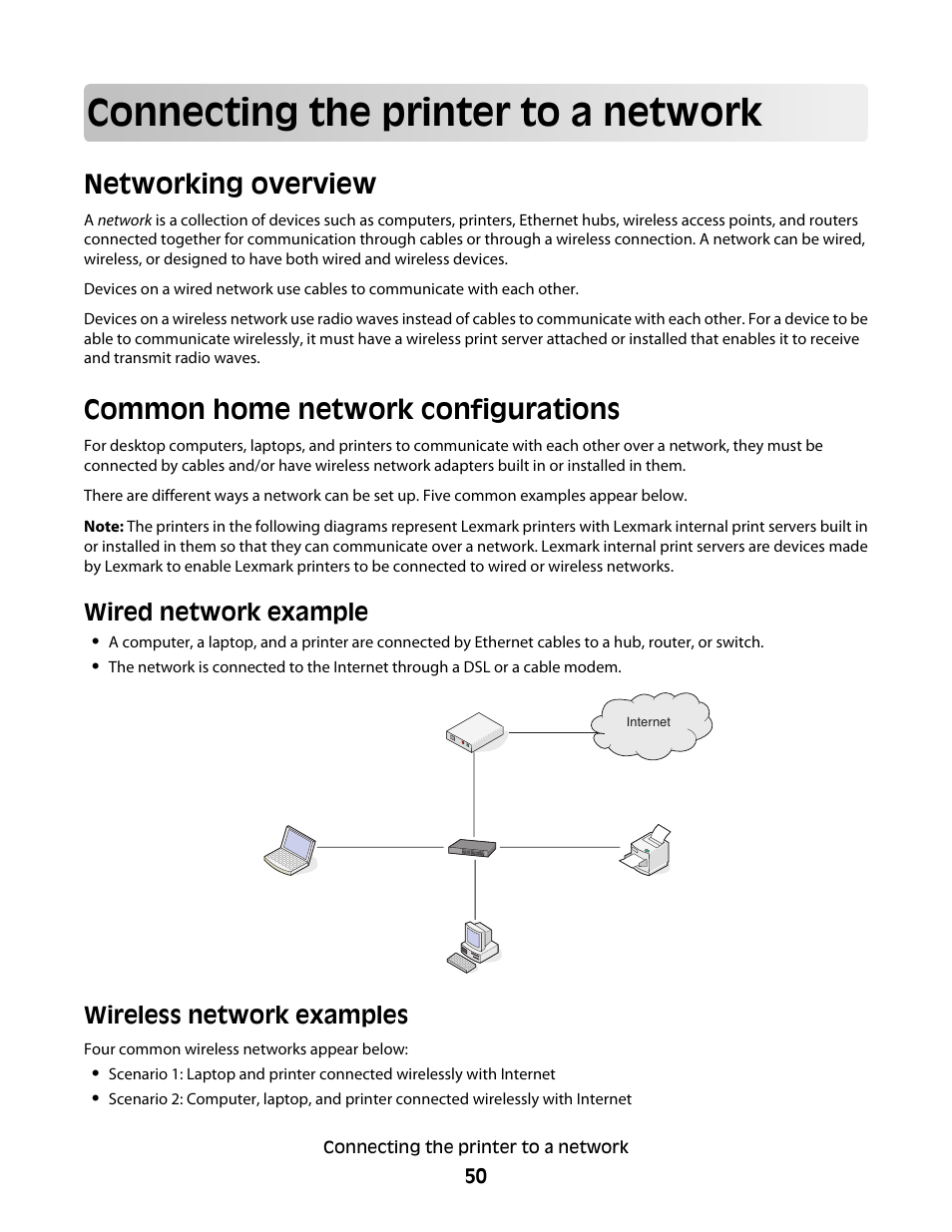 Connecting the printer to a network, Networking overview, Common home network configurations | Wired network example, Wireless network examples | Lexmark 9500 Series User Manual | Page 50 / 290