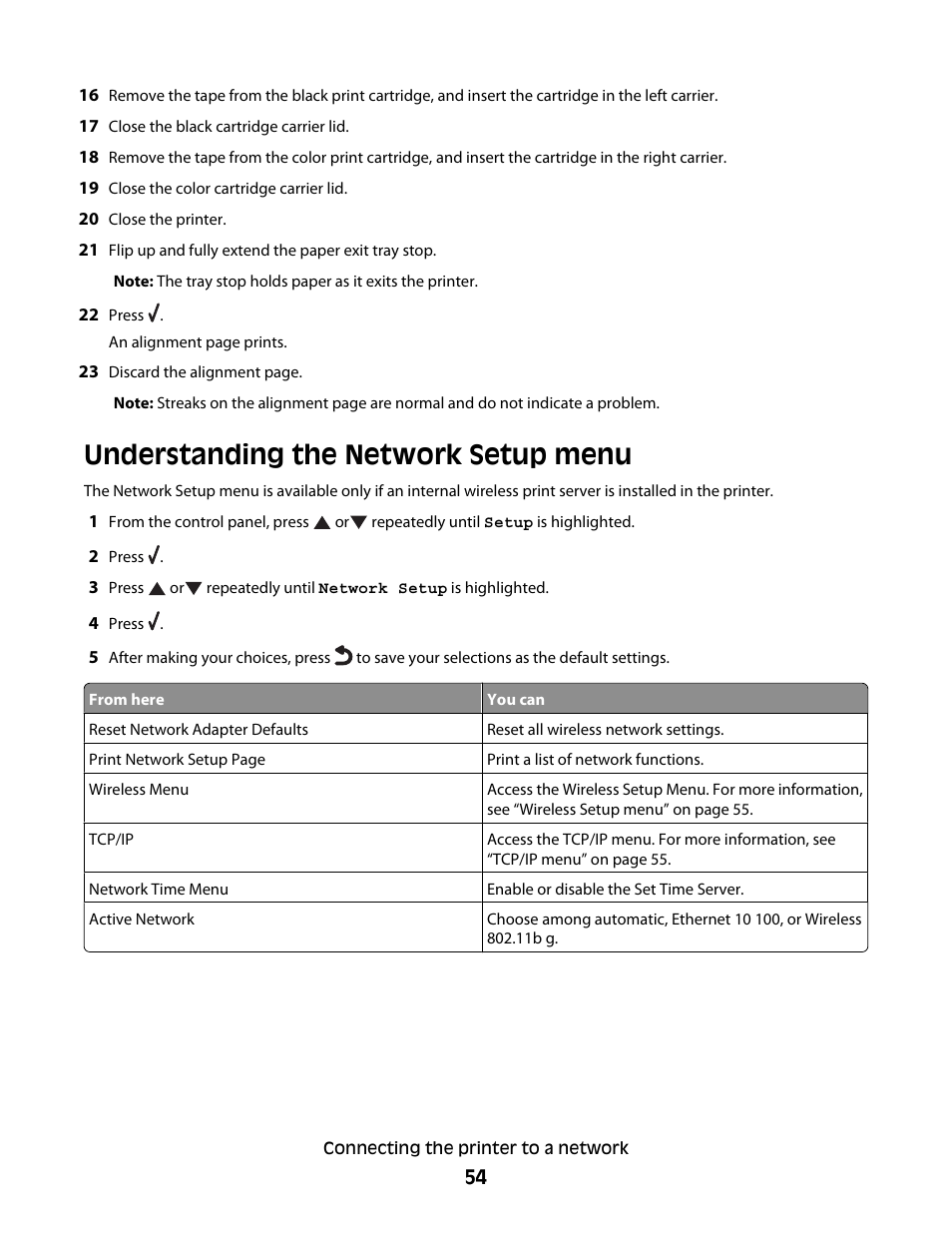 Understanding the network setup menu | Lexmark 9500 Series User Manual | Page 54 / 290