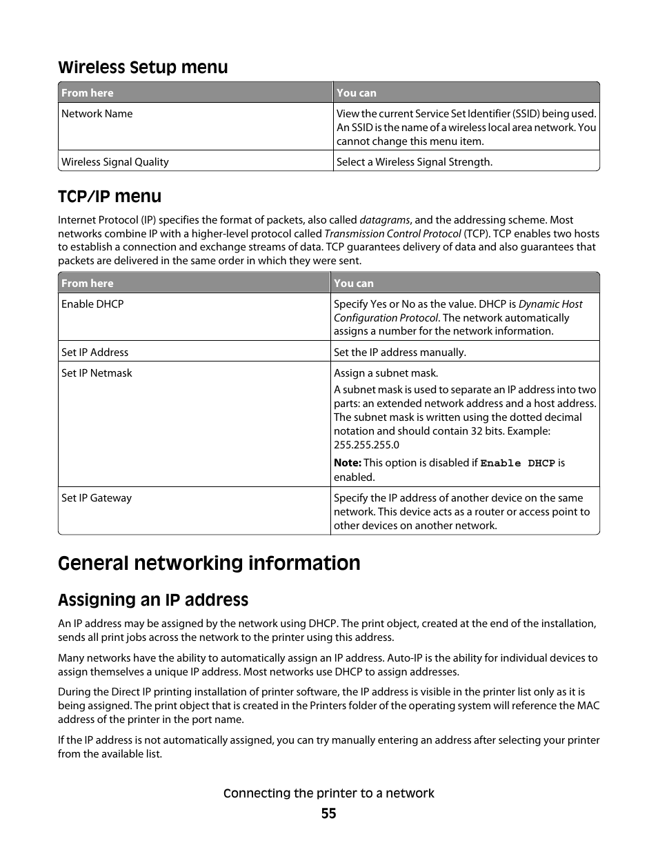 General networking information, Assigning an ip address, Wireless setup menu | Tcp/ip menu | Lexmark 9500 Series User Manual | Page 55 / 290