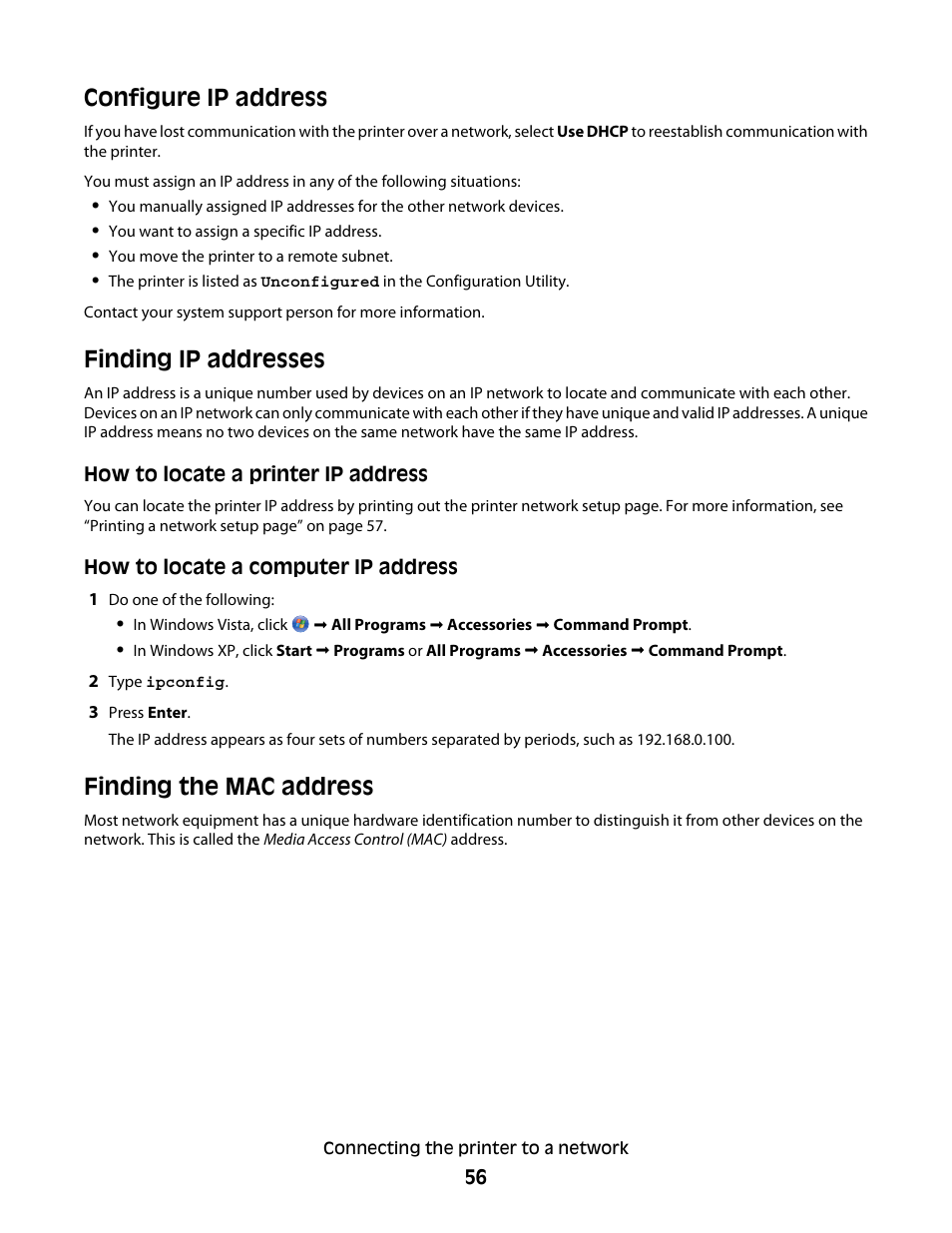 Configure ip address, Finding ip addresses, Finding the mac address | Lexmark 9500 Series User Manual | Page 56 / 290