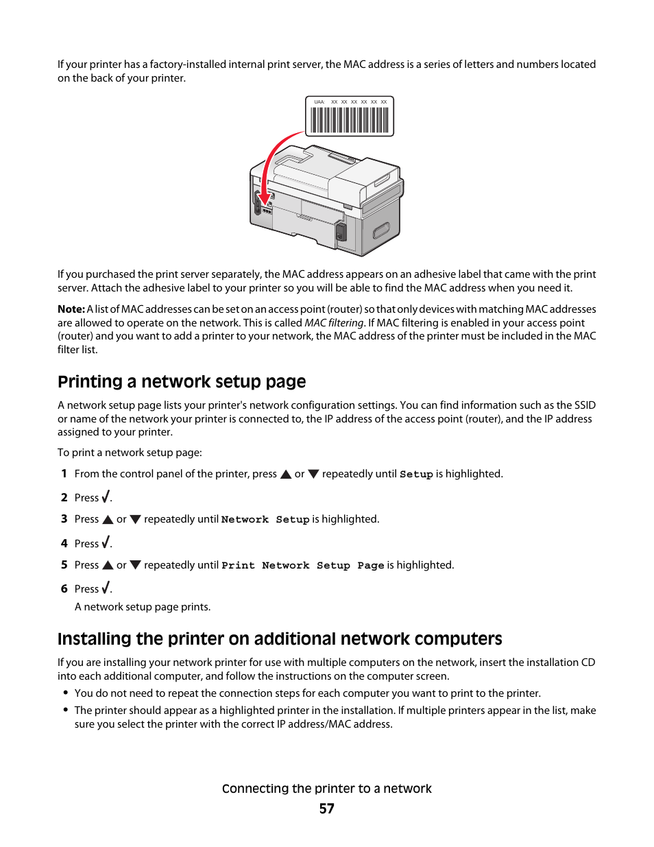 Printing a network setup page | Lexmark 9500 Series User Manual | Page 57 / 290