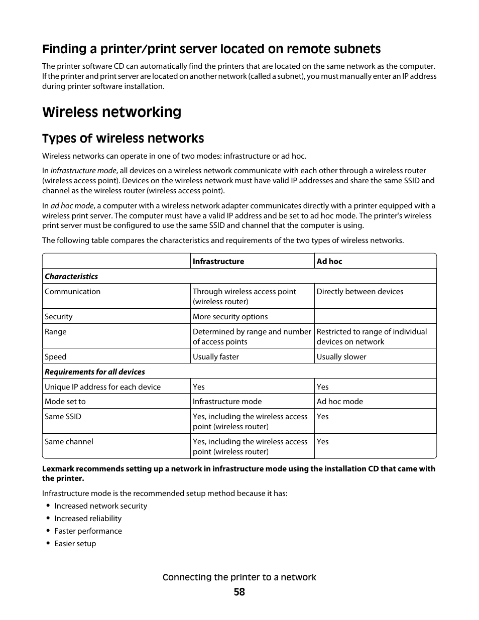 Wireless networking, Types of wireless networks | Lexmark 9500 Series User Manual | Page 58 / 290