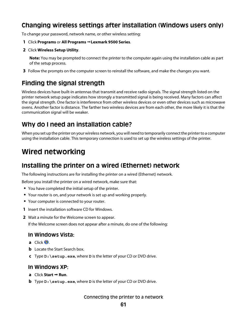 Finding the signal strength, Why do i need an installation cable, Wired networking | Lexmark 9500 Series User Manual | Page 61 / 290