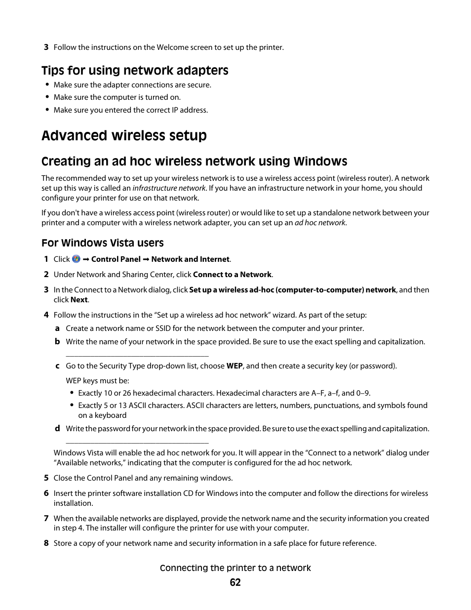 Tips for using network adapters, Advanced wireless setup, Creating an ad hoc wireless network using windows | Lexmark 9500 Series User Manual | Page 62 / 290