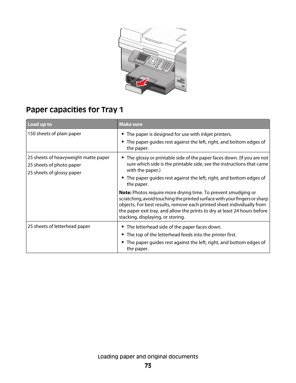 Paper capacities for tray 1 | Lexmark 9500 Series User Manual | Page 73 / 290