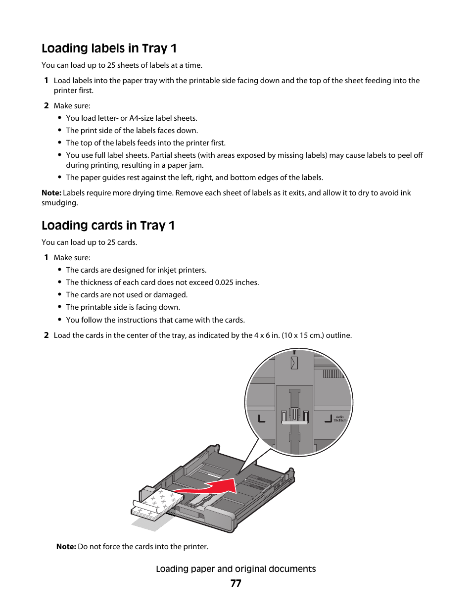 Loading labels in tray 1, Loading cards in tray 1 | Lexmark 9500 Series User Manual | Page 77 / 290