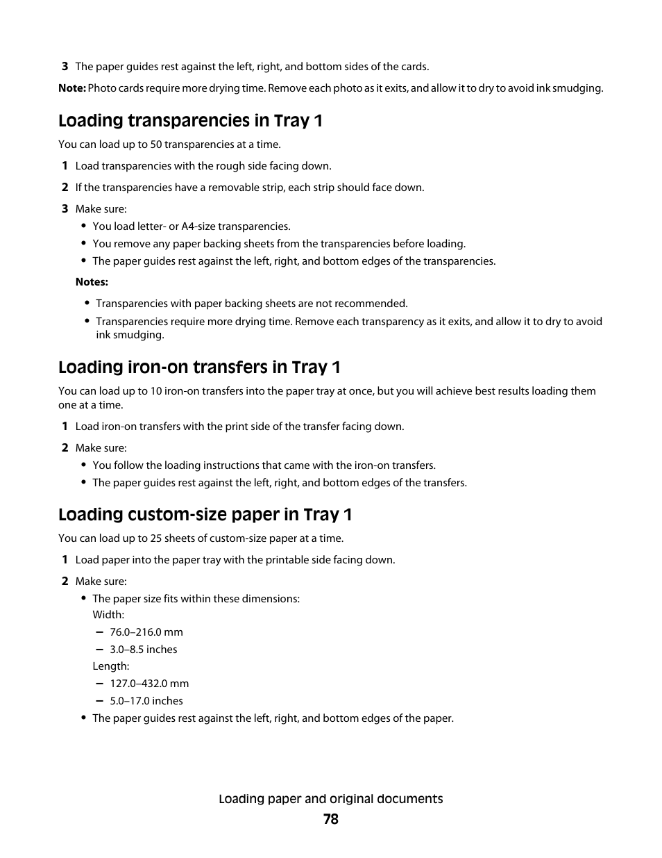 Loading transparencies in tray 1, Loading iron-on transfers in tray 1, Loading custom-size paper in tray 1 | Lexmark 9500 Series User Manual | Page 78 / 290