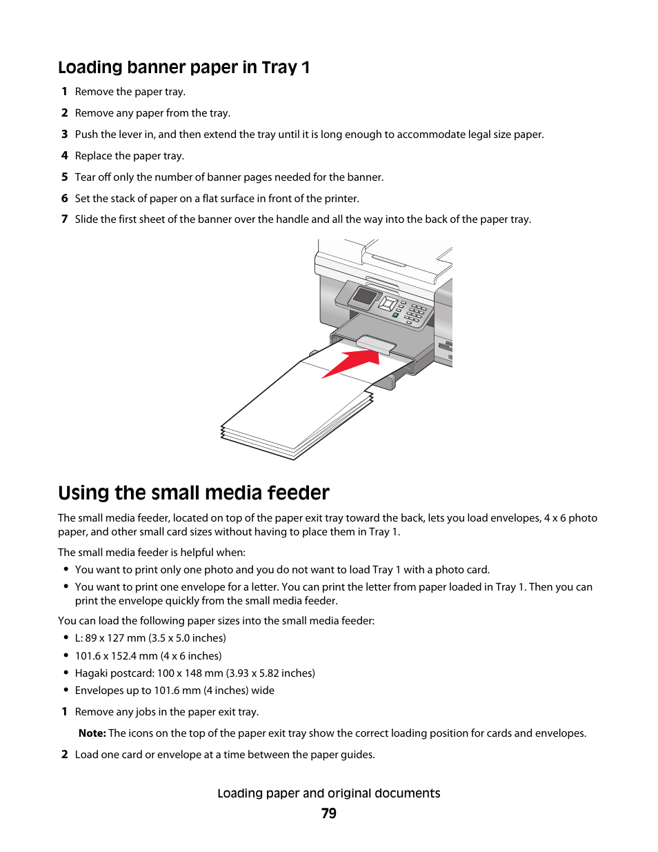 Loading banner paper in tray 1, Using the small media feeder | Lexmark 9500 Series User Manual | Page 79 / 290
