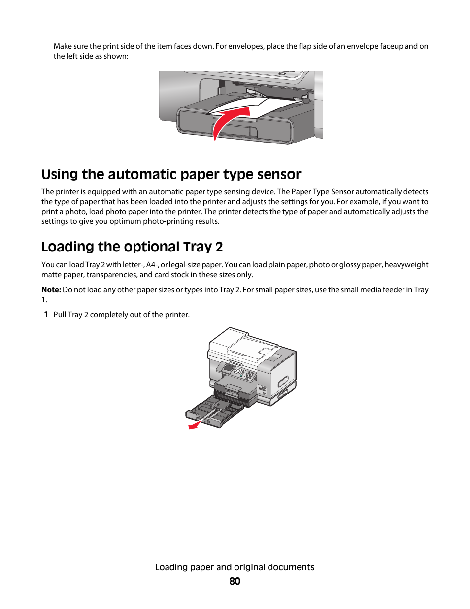 Using the automatic paper type sensor, Loading the optional tray 2 | Lexmark 9500 Series User Manual | Page 80 / 290