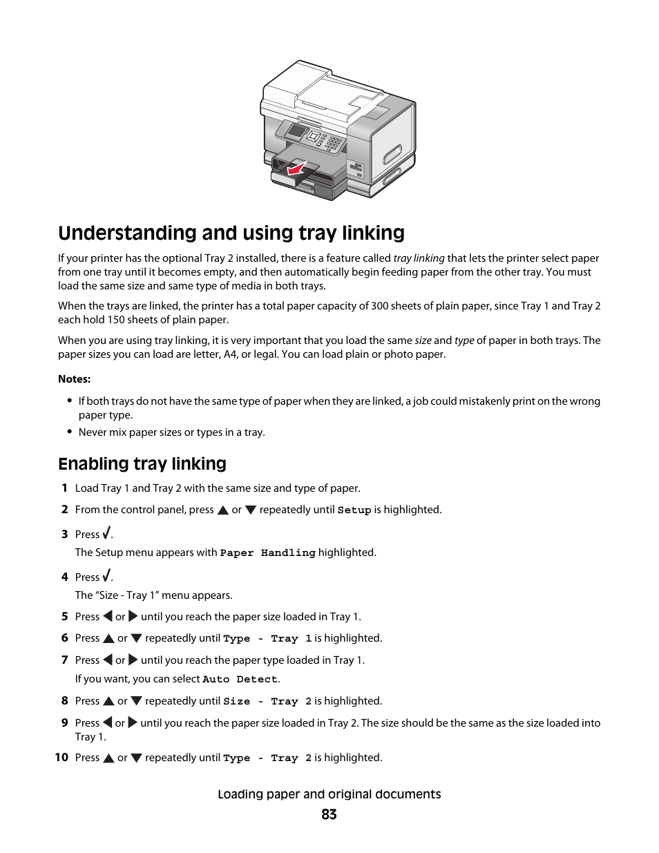Understanding and using tray linking, Enabling tray linking | Lexmark 9500 Series User Manual | Page 83 / 290