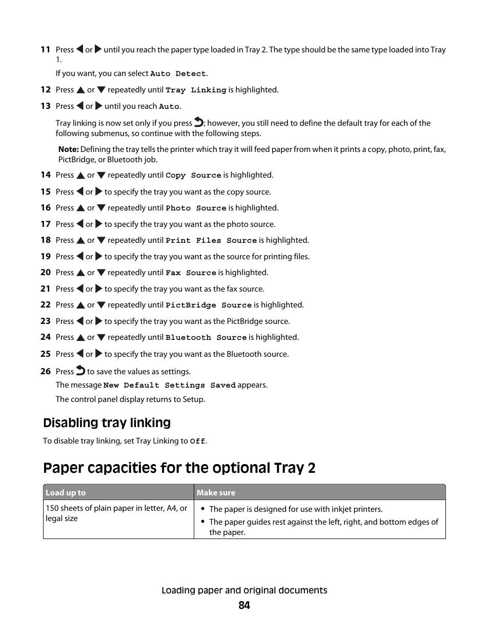 Paper capacities for the optional tray 2, Disabling tray linking | Lexmark 9500 Series User Manual | Page 84 / 290