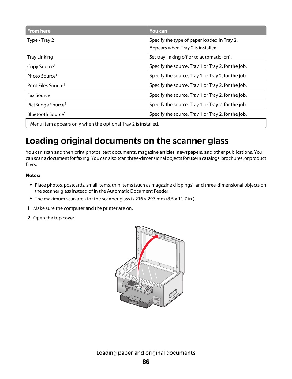 Loading original documents on the scanner glass | Lexmark 9500 Series User Manual | Page 86 / 290