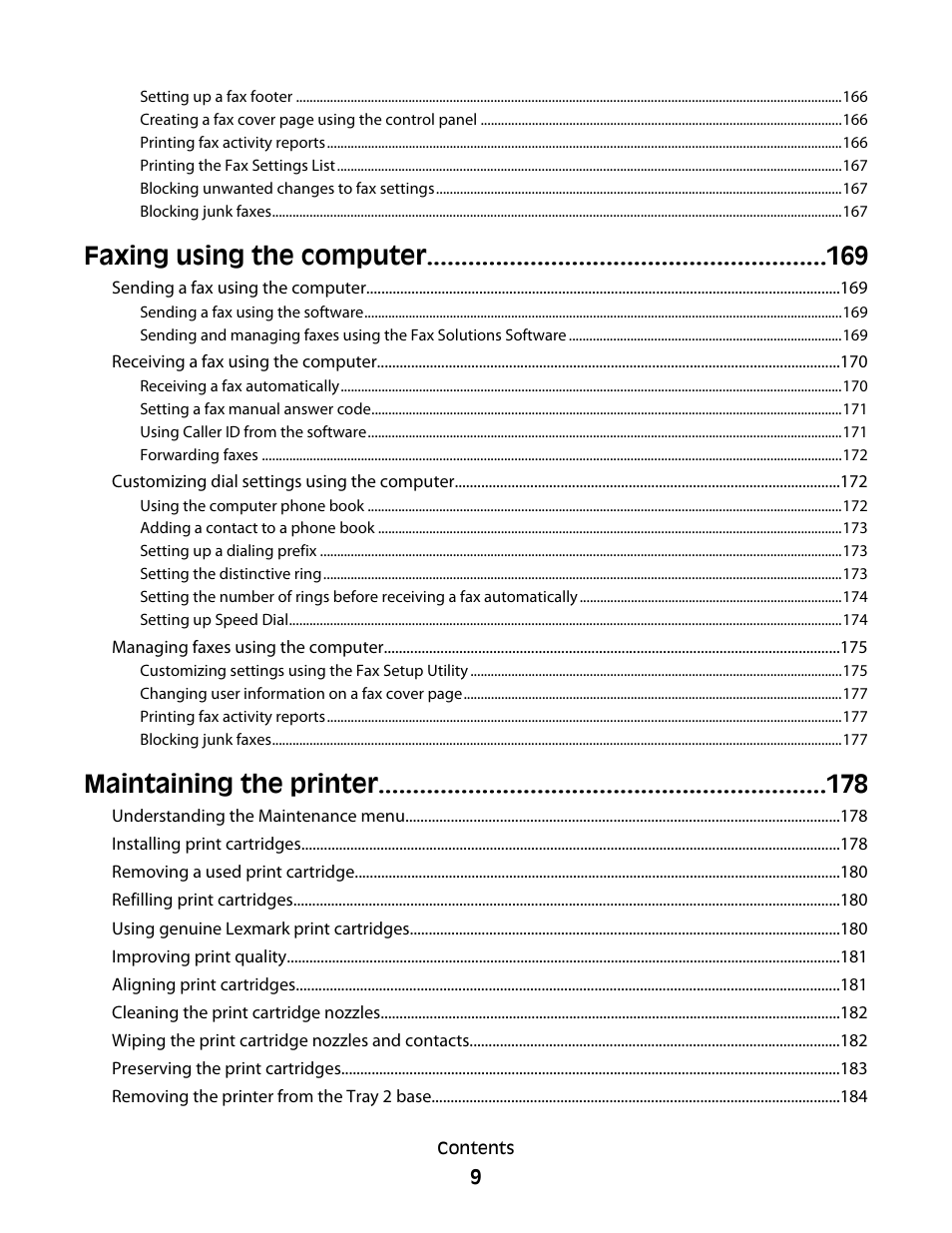 Faxing using the computer, Maintaining the printer | Lexmark 9500 Series User Manual | Page 9 / 290