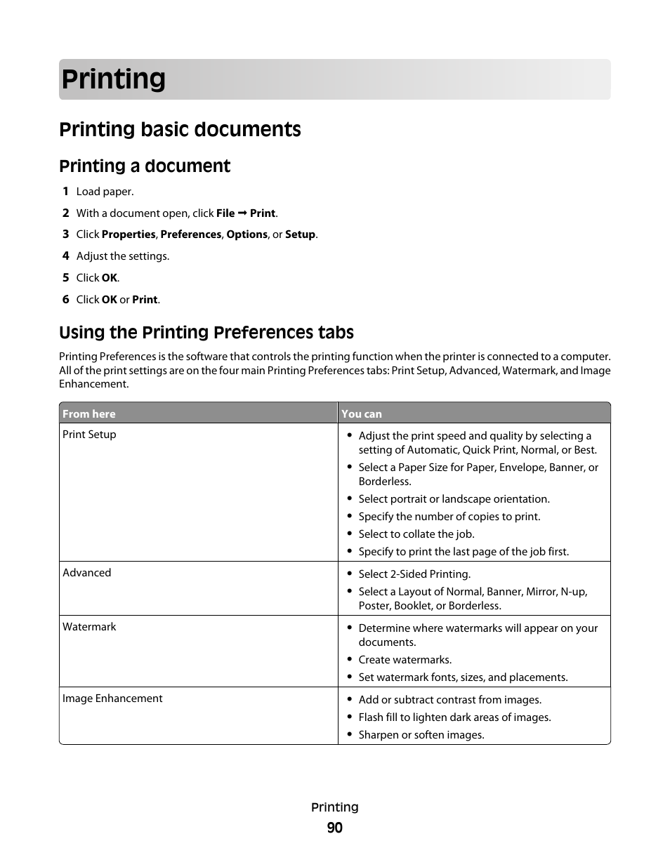 Printing, Printing basic documents, Printing a document | Using the printing preferences tabs | Lexmark 9500 Series User Manual | Page 90 / 290