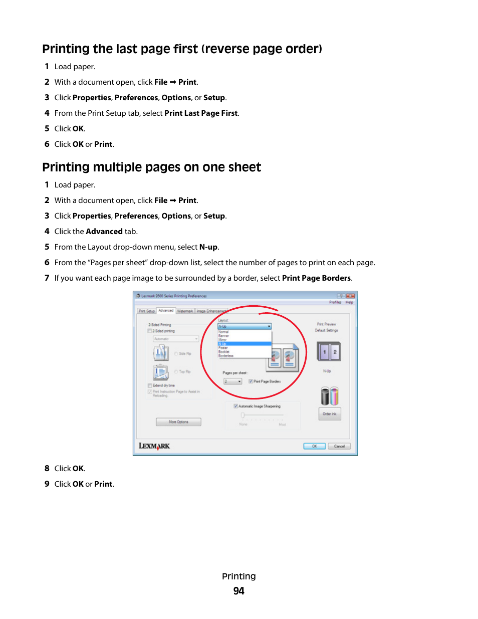 Printing the last page first (reverse page order), Printing multiple pages on one sheet | Lexmark 9500 Series User Manual | Page 94 / 290