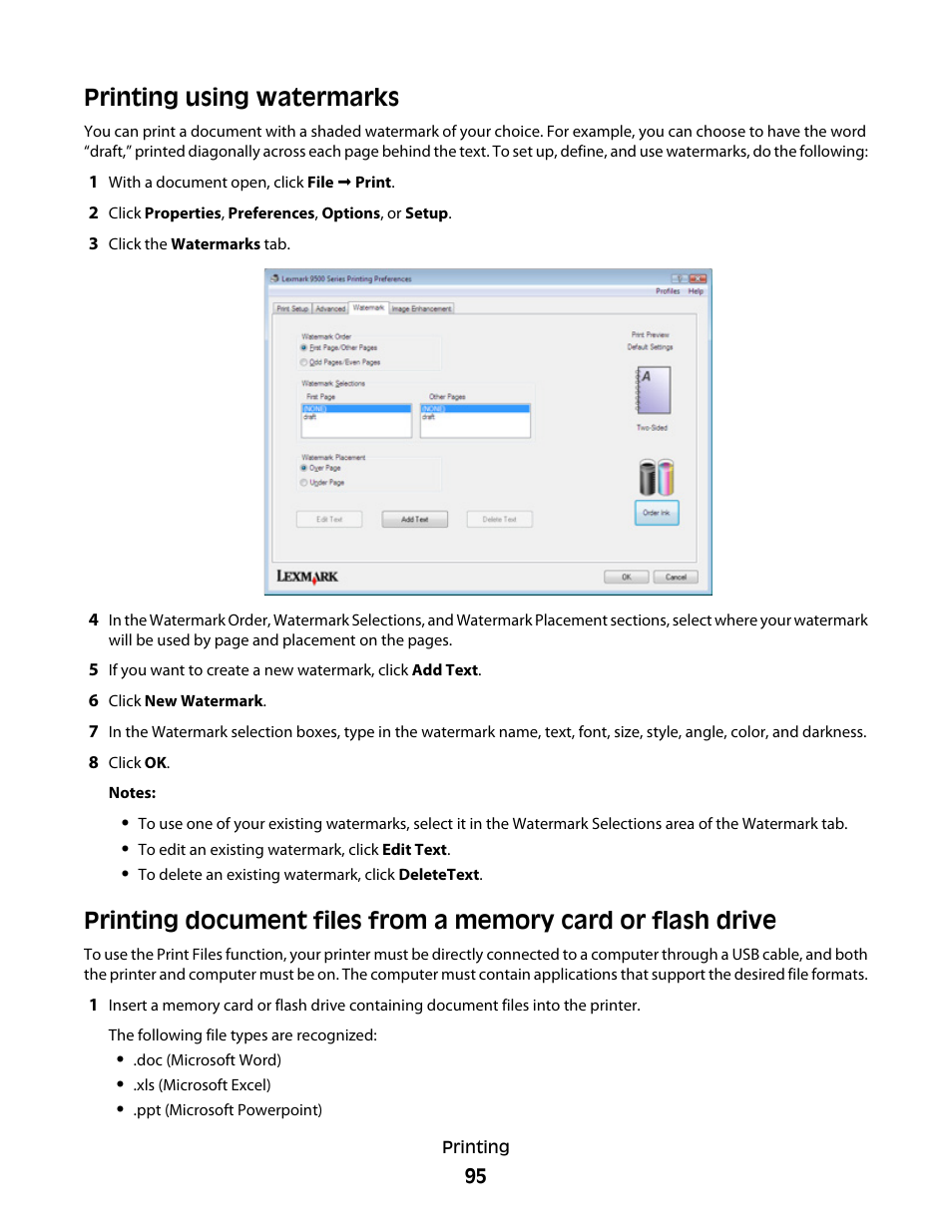 Printing using watermarks | Lexmark 9500 Series User Manual | Page 95 / 290