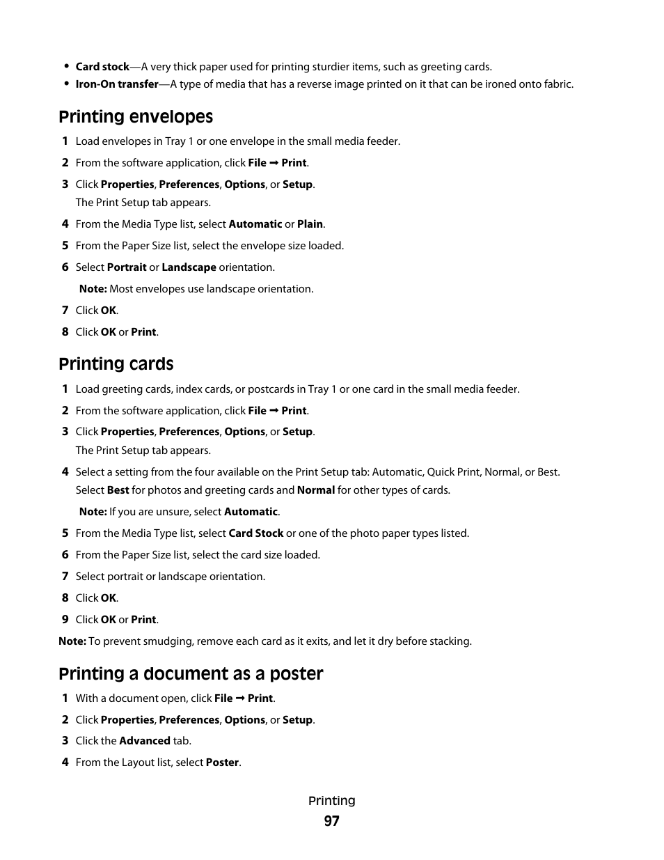 Printing envelopes, Printing cards, Printing a document as a poster | Printing cards printing a document as a poster | Lexmark 9500 Series User Manual | Page 97 / 290