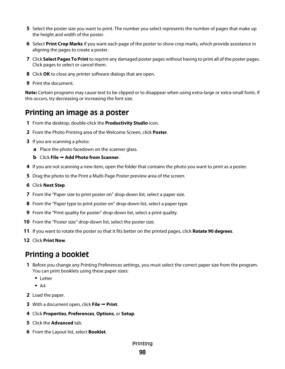 Printing an image as a poster, Printing a booklet, Printing an image as a poster printing a booklet | Lexmark 9500 Series User Manual | Page 98 / 290