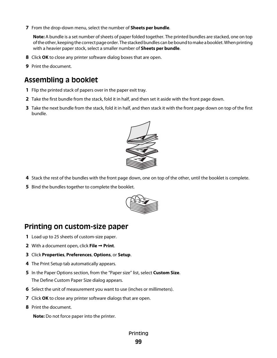 Assembling a booklet, Printing on custom-size paper, Assembling a booklet printing on custom-size paper | Lexmark 9500 Series User Manual | Page 99 / 290