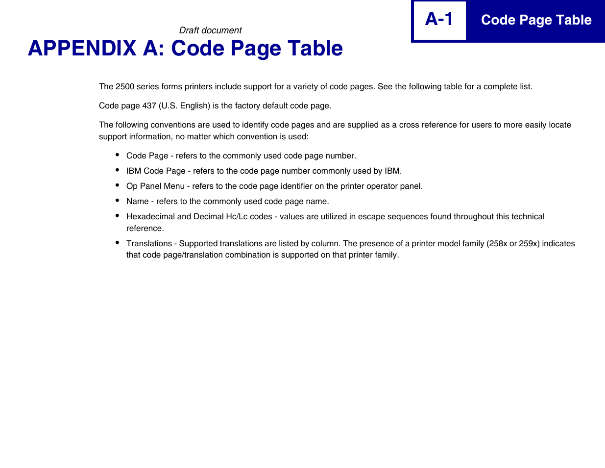 Appendix a: code page table, Code page table | Lexmark 258x User Manual | Page 117 / 120