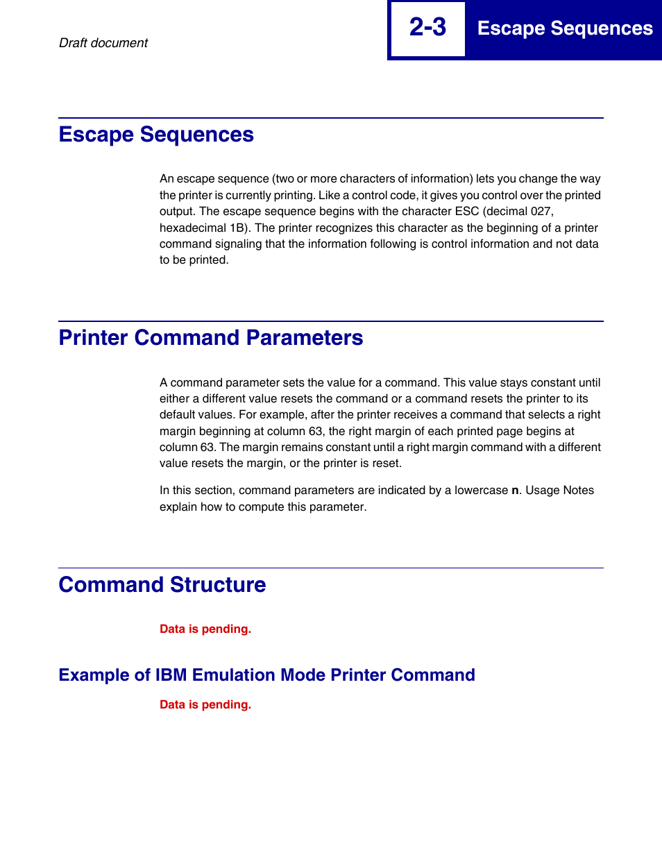 Escape sequences, Printer command parameters, Command structure | Example of ibm emulation mode printer command, Example of ibm emulation mode printer command -3 | Lexmark 258x User Manual | Page 23 / 120